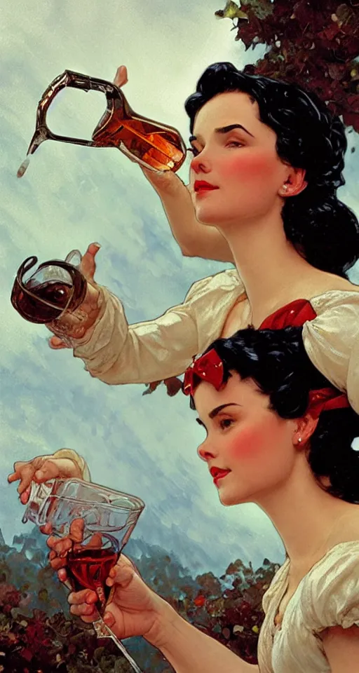 Prompt: close up of snow white pouring a drink, sun shining, photo realistic illustration by greg rutkowski, thomas kindkade, alphonse mucha, loish, norman rockwell.