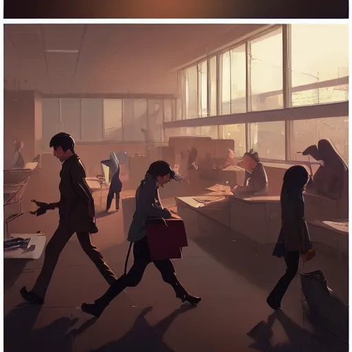 Image similar to human people walking among employee in an office, highly detailed,, artstation hd, deviantart, by madgwick,, greg rutkowski, artgerm, takato yomamoto, ilya kuvshinov, ross tran, conrad roset