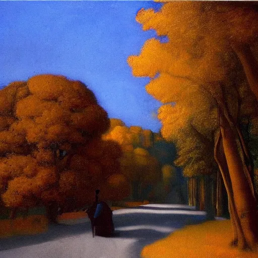 Image similar to \'The road to the autumn rainbow\' a photorealistic oil acrylic painting by Johannes Vermeer