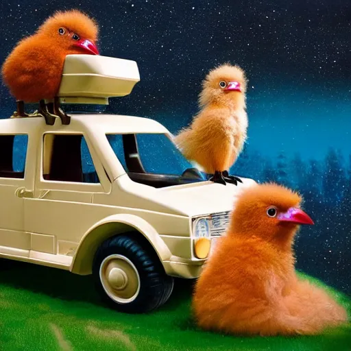 Image similar to long shot of a cute fluffy furry chick nesting in a playmobil car, by esao andrews, by m. w. kaluta, humorous illustration, hyperrealistic, tilt shift, warm colors, night scenery, low light, 3 d octane render, 4 k, volumetric lights, smooth, cosy atmosphere, conceptart, hyperdetailed, trending on deviantart