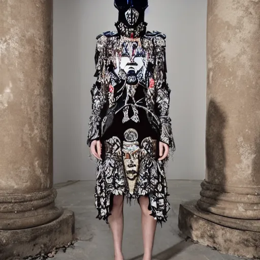 Prompt: valentino resort ss 2 0 1 7 dress with ornate mask headpiece, model lounging by cybernetic ancient ruins