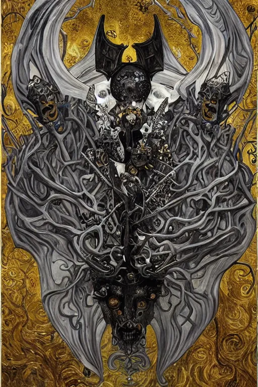 Image similar to The Knight of Bones by Karol Bak, Jean Deville, Gustav Klimt, and Vincent Van Gogh, portrait of a handsome vampire knight in armor, piercing grey eyes, ornate armor covered in thorns, bat wings, ornate dramatic bat wing helmet, mystic eye, otherworldly, skulls, fractal structures, arcane, inscribed runes, infernal relics, ornate gilded medieval icon, third eye, spirals