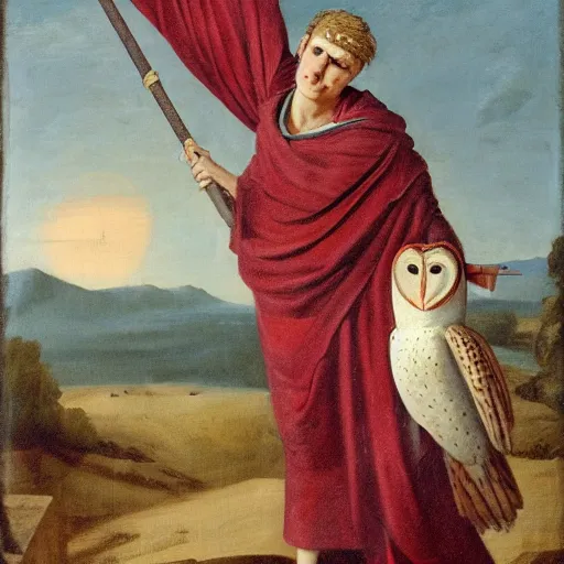 Prompt: humanoid barn owl wearing a roman toga and holding a javelin