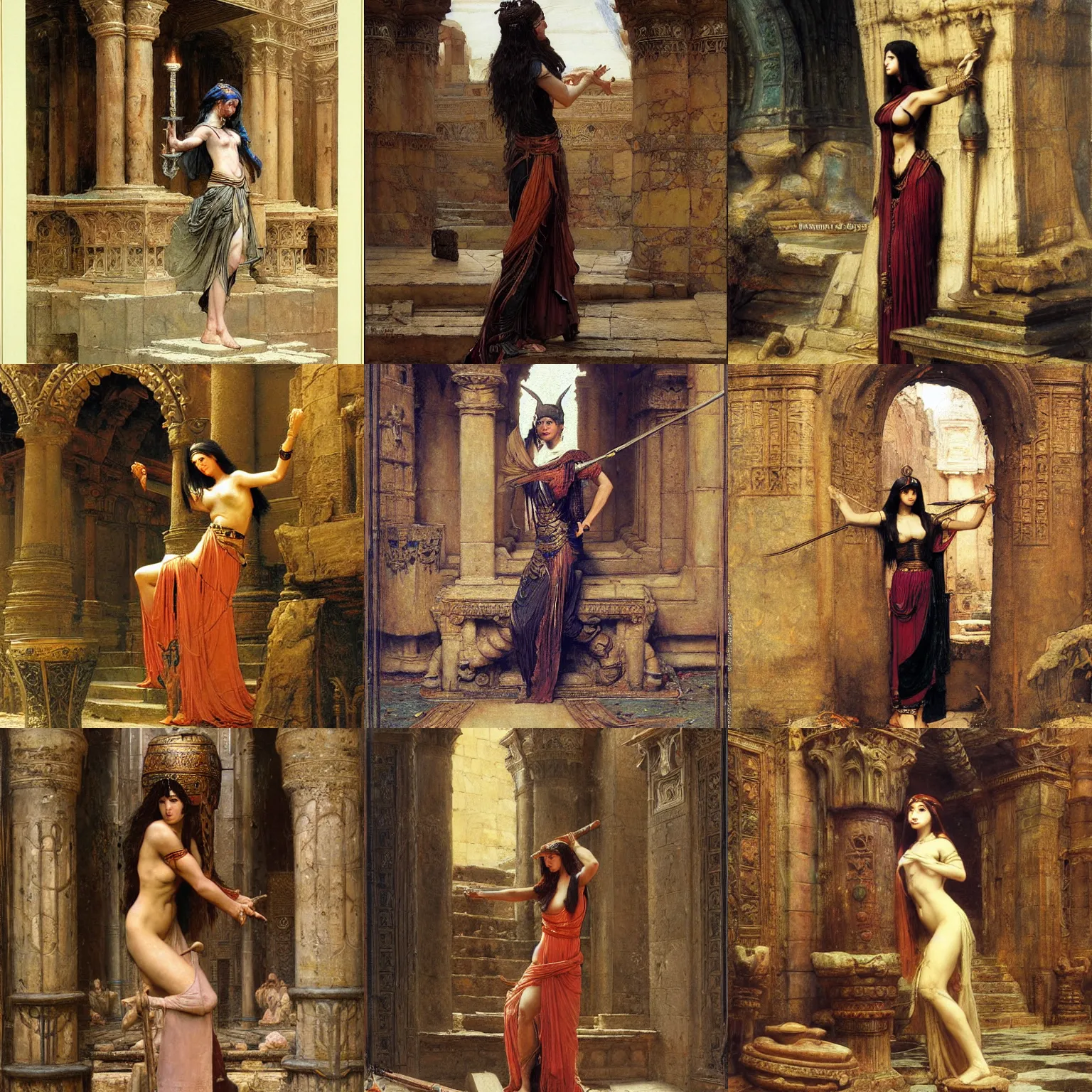 Prompt: orientalist painting of a sorceress in a sandstone ruin dungeons and dragons intricate artwork by john william waterhouse and Edwin Longsden Long and Theodore Ralli and Henryk Siemiradzki, levitation, industrial rusty pipes, simple form, brutal shapes high detail 8k
