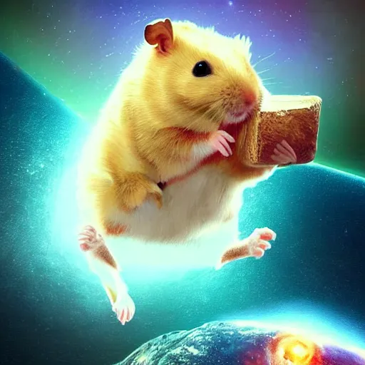 Prompt: Epic digital art of cute hamster flying in galaxy, the best on ArtStation, cinematic, detalied, high quality, profesional, 8k, CGSociety,