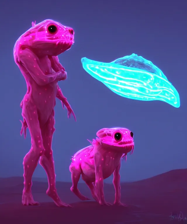 Image similar to twin creatures made of bioluminescence slimy skin, fantasy, elegant, crisp 8 k line art, digital painting, artstation, unreal engine, octane render, emissive lighting, concept art, matte, sharp focus, hyper realistic lighting, illustration, deep royal blue and pink color scheme, art by dave kendall