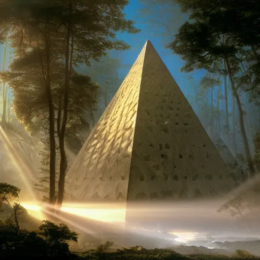 Image similar to rhythmic interval tectonic surfaces as resonant harmonic organic mystical megastructure crystal lattice pyramid architectures exploding with light and god rays in a hawaiian forest by albert bierstadt, by glen small, by giovanni battista piranesi, photorealistic, god rays, octane render, depth of field, volumetric light, volumetric fog