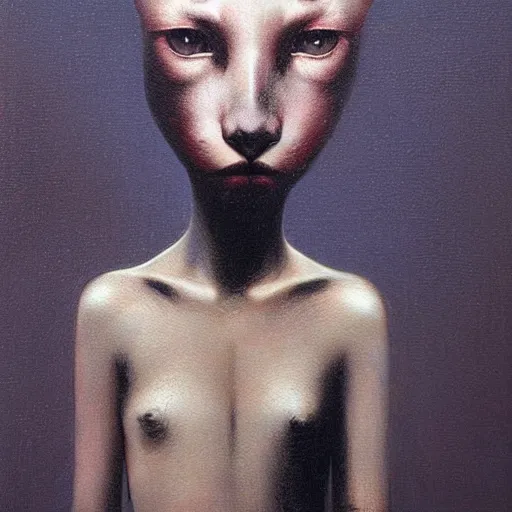 Prompt: young teen female with cat head , painting by Beksinski