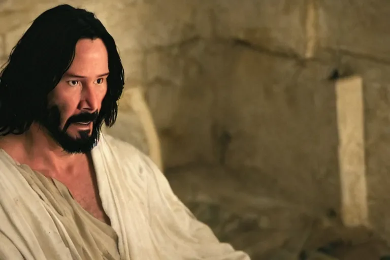 Prompt: promotional image of Keanu Reeves as Jesus Christ in the new movie directed by Christopher Nolan, 50mm film, movie still, promotional image, cinematic