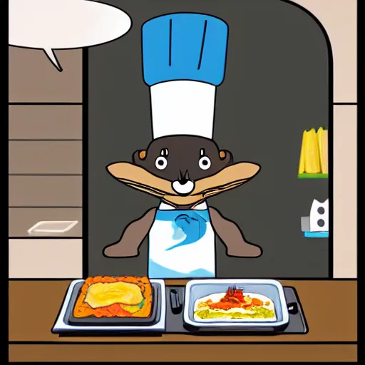 Image similar to manga cute platypus on a kitchen wearing a chef hat and holding a lasagna into an oven, manga style