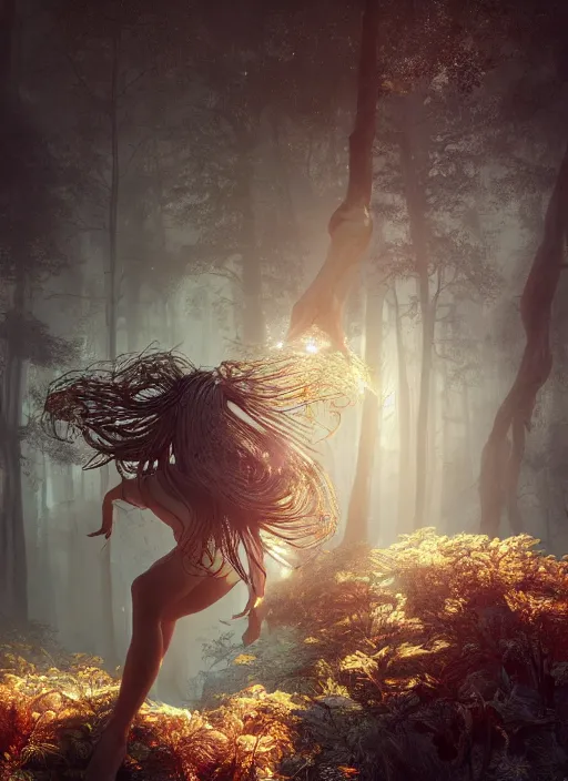 Image similar to beauteous nebular biomechanical incredible hair, crystalline masterpiece incrustations, hyperdetailed face, flippered feet, elegant pose, movie still, intricate, octane render, cinematic forest lighting, cgsociety, unreal engine, crepuscular rays, god rays, caustic shadows lighting