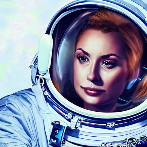 Prompt: a hyper realistic digital painting of a woman in an astronaut suit in space