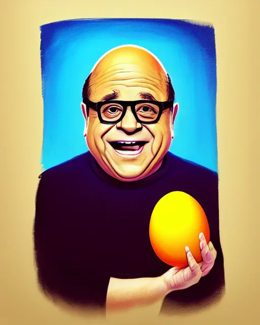 Image similar to painting portrait of danny devito as an egg, cartoon, warm lighting, danny devito has an egg body, movie poster, illustration by bartek fedyczak, erak note, tooth wu, neil richards, kan liu, siwoo kim, jisu choe, trending on art station