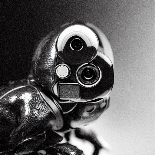 Image similar to cyborg frog with a camera lens as a head, front profile, monochromatic photo