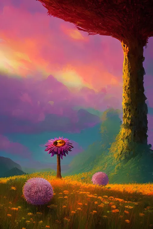 Image similar to giant daisy flower head, in the mountains, surreal photography, sunrise, dramatic light, impressionist painting, colorful clouds, digital painting, artstation, simon stalenhag