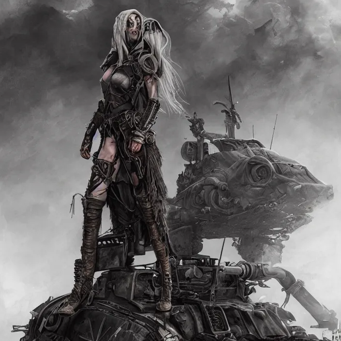 Image similar to beautiful apocalyptic woman in hooded cloak, standing on mad max panzer tank, hyper-detailed, smooth, sharp focus, 4k ultra hd, fantasy dark art, tank girl, artgerm, artstation, octane render, elegant, detailed digital painting, apocalyptic art