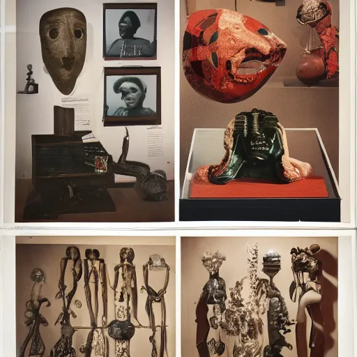 Prompt: A three color offset photography of surrealist objects on display, anthropology of wonder, surrealisme, exotic artifacts, colonial expedition, catalog exhibition, 60s style