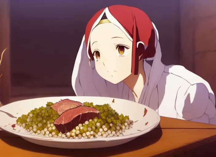 Image similar to a film still portrait of a tunisian couscous with meat, finely detailed features, closeup at the food, perfect art, at a dinner table, gapmoe yandere grimdark, trending on pixiv fanbox, painted by greg rutkowski makoto shinkai takashi takeuchi studio ghibli, akihiko yoshida