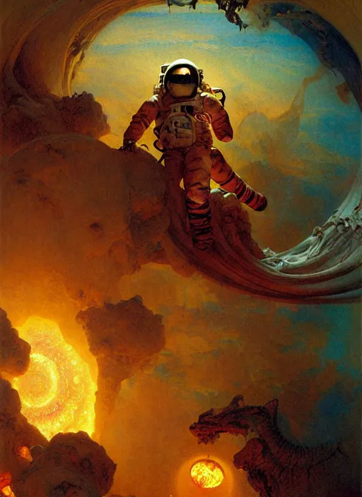 Prompt: an astronaut entering the seventh circle of hell from dante's divine comedy with lots of colours. highly detailed painting by gaston bussiere, craig mullins, j. c. leyendecker 8 k