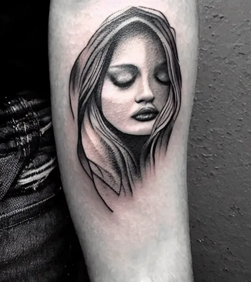 Image similar to creative blend effect of beautiful mountain scenery with a beautiful woman face, tattoo design sketch, hyper - realistic, in the style of matteo pasqualin, amazing detail, black and white