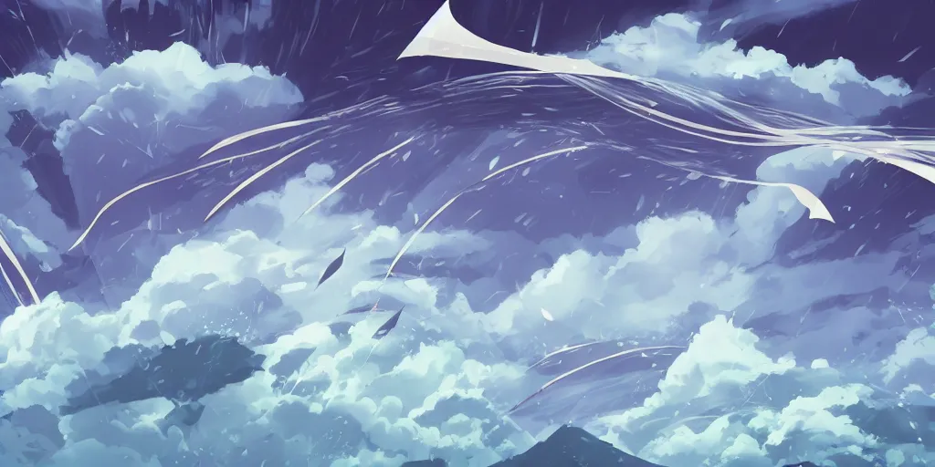 Prompt: background art of flying longswords flowing through the slicing through directional wind on a simple cloudy sky background featuring an enormous tsunami, big puffy clouds, sharp rain, large rose petals, lotus petals, large polygonal background elements, large polygons, dramatic anime, dramatic lighting, artgerm, manga, trending on artstation, art nouveau, mature colors