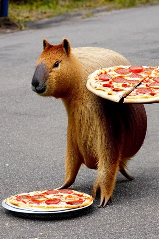 Image similar to a cute Capybara delivering pizza