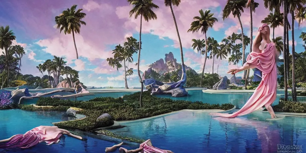 Image similar to masterpiece, hyperrealistic surrealism, award winning masterpiece with incredible details, epic stunning, infinity pool, a surreal vaporwave liminal space, highly detailed, trending on ArtStation, calming, meditative, pink arches, flowing silk sheets, palm trees, very vaporwave, very very surreal, sharp details, dreamscape, artgerm and greg rutkowski and alphonse mucha, daily deviation, IAMAG