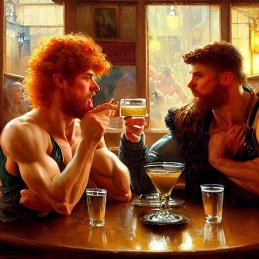 Image similar to attractive muscular mike with ginger hair with muscular attractive tyler with brunet hair, drinking their hearts out, in a pub. very defined and highly detailed painting by gaston bussiere, j. c. leyendecker, craig mullins 8 k