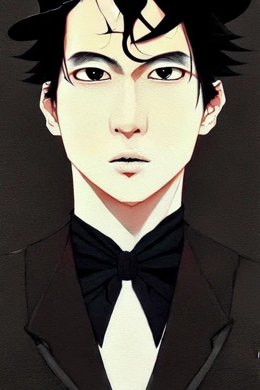 Image similar to a ultradetailed beautiful painting of kiriyama renn wearing a black bowler hat and a suit undershirt, he has black hair with bangs, by conrad roset, greg rutkowski and makoto shinkai trending on artstation