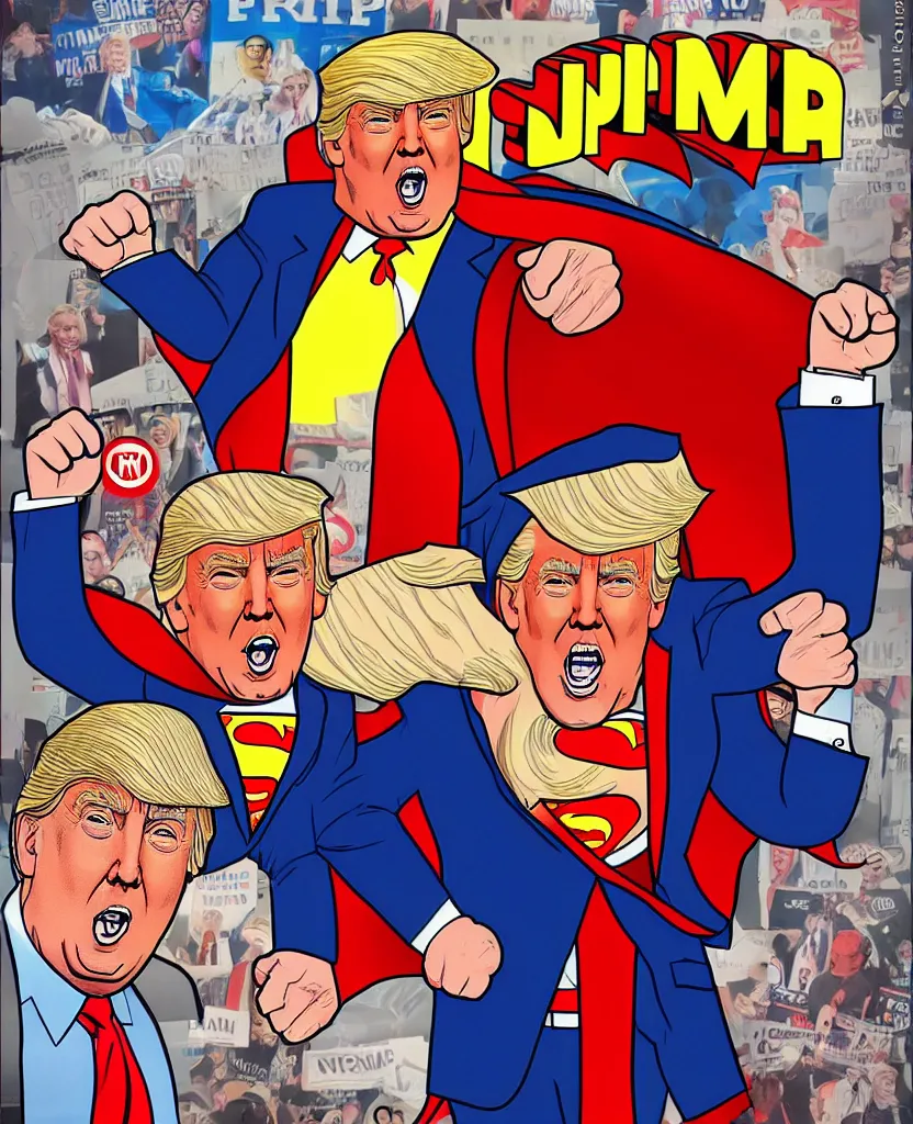 Image similar to a poster of donald trump in a superman with creepy joe biden costume by joe mangrum, trending on deviantart, futurism, movie poster, poster art, 3 2 k uhd, american propaganda, futurism, toyism