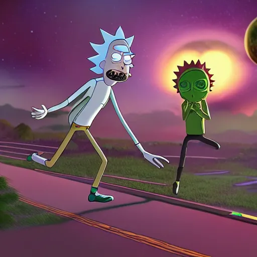 Prompt: rick and morty on a alien planey being chased by preditor, by dan harmon, by roger dean, by laurie lipton, volumetric lighting, rendered in octane, realistic shadows, 4k resolution