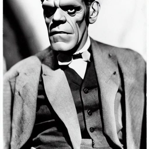 Image similar to boris karloff as frankenstein, dressed in a thirties suit and bowtie