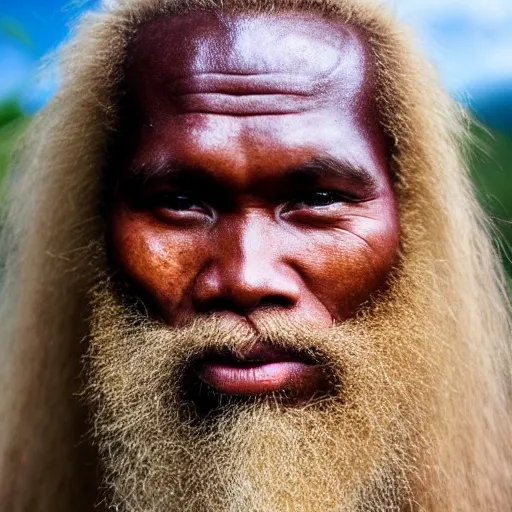 Prompt: photo, papua man with long beautiful blonde hair