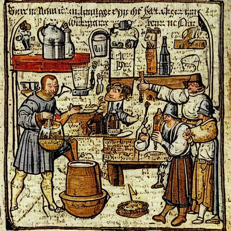 Prompt: middle age illustrated recipe for beer making ( ( ( ( a beer shoppe ) ) ) ) lot of medieval enluminures in the background explaining the recipe, schematic in a notebook