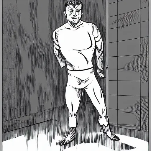 Image similar to man standing in a white room, water up to his ankles, comic book style