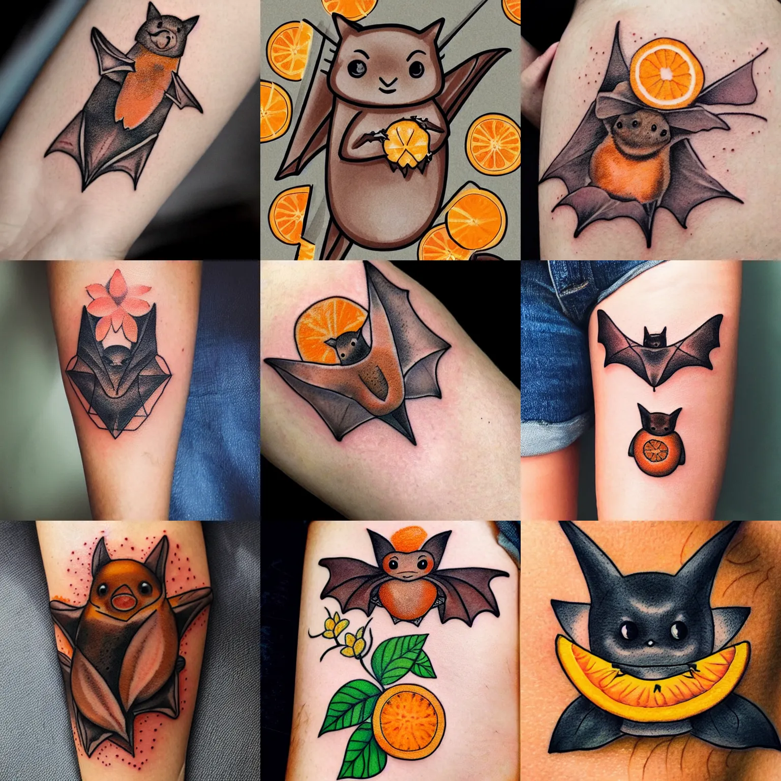 Prompt: cute brown bat holding an orange blossom tattoo, neotraditional modern, instagram highlights, flash sheet, colorful