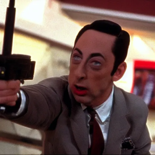 Prompt: Pee Wee Herman as The Punisher ,photography, action shot