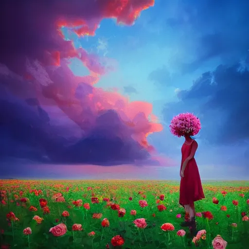 Image similar to giant rose flower head, full body girl standing in a flower field, surreal photography, sunrise, dramatic light, impressionist painting, colorful clouds, digital painting, artstation, simon stalenhag