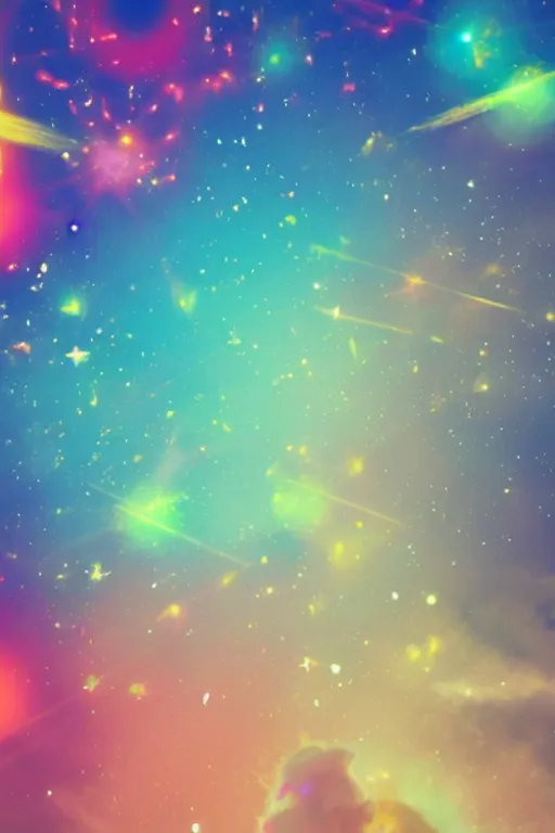 Image similar to geometric 3 d render soft bright pastel rainbow fireball mountains surrounding stars