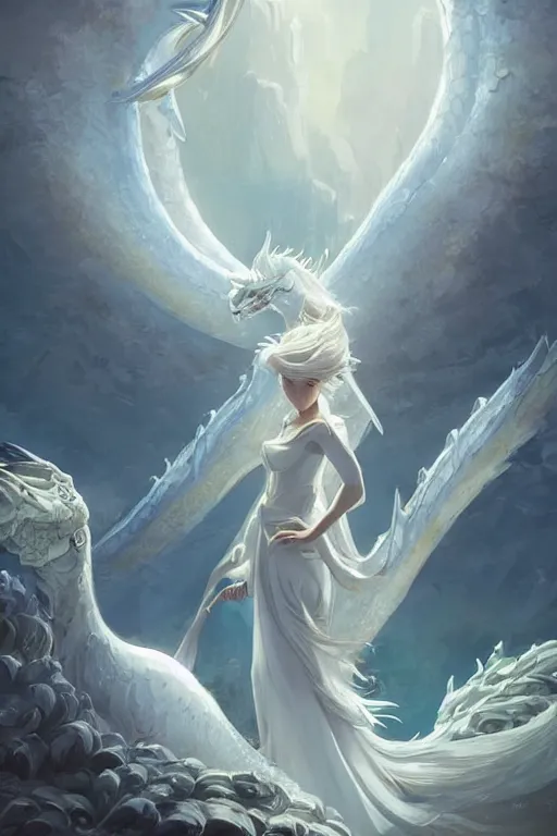 Image similar to beautiful scene render that a princess rely on a huge silver white dragon back, finely detailed angelic face delicate features, facial symmetry, in the fairyland surrounded by white clouds, perfectly shaded, atmospheric lighting, style of makoto shinkai and peter mohrbacher, studio ghibli. artgerm, beeple, animation style, 4 k hd, hyper detailed