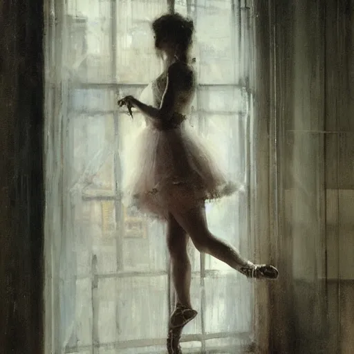 Image similar to the lone ballerina in the soft window light, by jeremy mann, anders zorn.