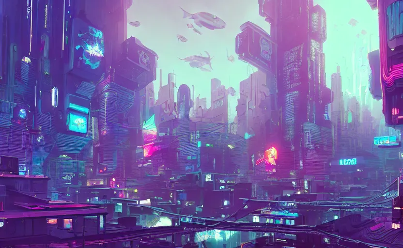 Image similar to Wide angle shot of a cyberpunk city with holographic fishes floating in the sky by Petros Afshar and Beeple, James Gilleard, Mark Ryden, Wolfgang Lettl highly detailed, Dark cineamtic and atmospheric lighting