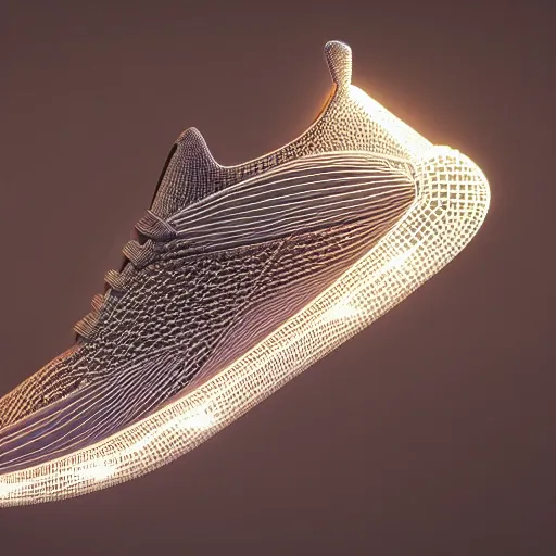 Image similar to high quality photorealistic octane 3 d render of bioluminescent sneakers floating in empty space, metallic laces, ribbed detailing, black base colour, flame pattern on lower. emissive, bloom, volumetric, ray - tracing, bjork