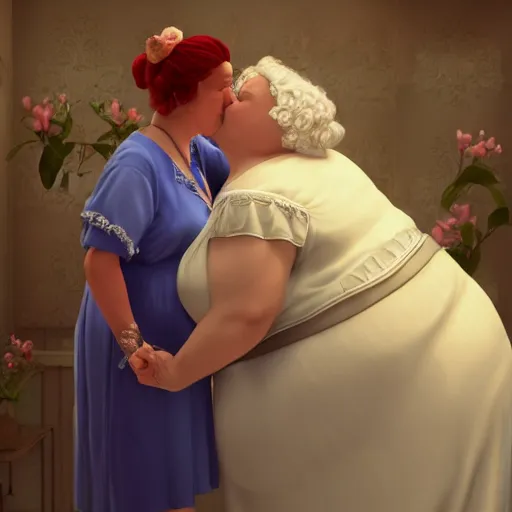 Image similar to of a very funny scene. ambient occlusion render. a sweet fat old woman is in kissing her reflection. flowery dress. mirror. symmetrical face, red mouth, blue eyes. deep focus, lovely scene. ambient occlusion render. concept art. unreal engine.