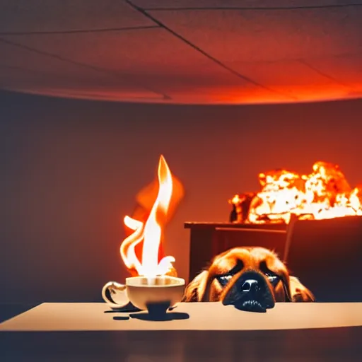 Image similar to a photograph of an humanlike relaxed dog in his house, sitting at a table, ☕ on the table, room is on fire, surrounded by flames, a lot of flames, smoke under the ceiling