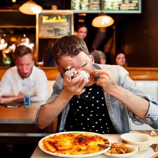 Image similar to a man standing in a busy restaurant while mac n' cheese projectile vomits from his open mouth. The cheese is everywhere. Photograph.