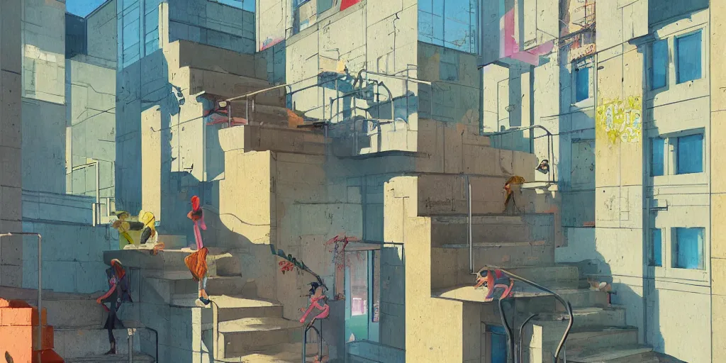 Image similar to neo brutralism, concrete housing, a long stairway going up, concept art, colorful, vivid colors, sunshine, light, shadows, reflections, oilpainting, cinematic, 3D, in the style of Akihiko Yoshida and Edward Hopper