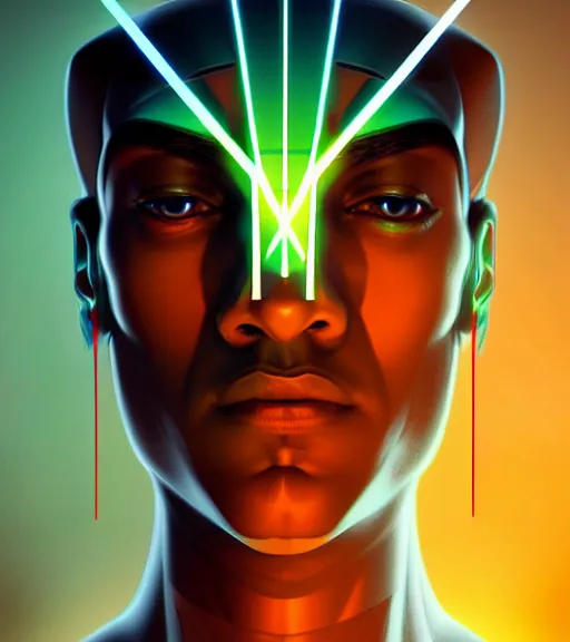 Image similar to symmetry!! egyptian god of technology, solid cube of light, hard edges, product render retro - futuristic poster scifi, lasers and neon circuits, brown skin handsome egyptian god, intricate, elegant, highly detailed, digital painting, artstation, concept art, smooth, sharp focus, illustration, dreamlike, art by artgerm