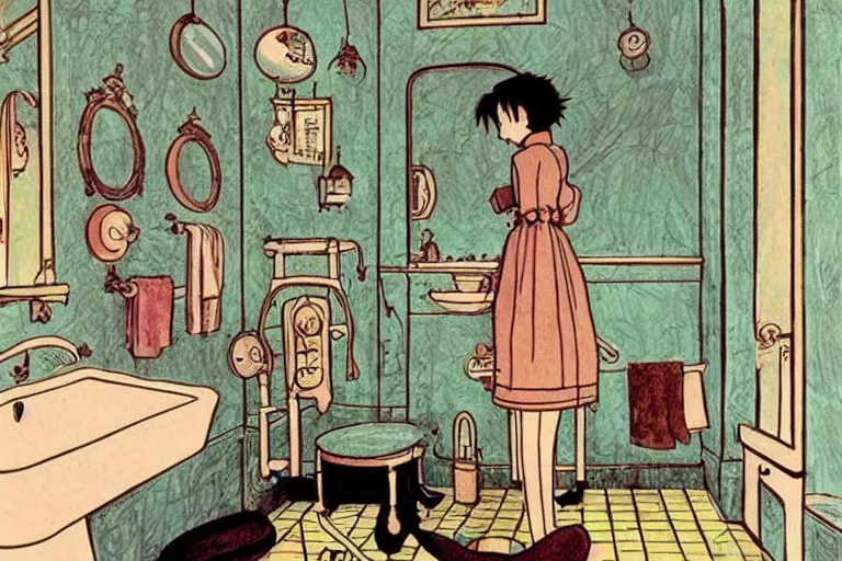 Image similar to victorian bathroom, style of studio ghibli + moebius + basquiat, cute,