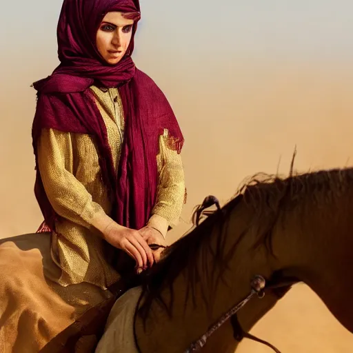 Image similar to ultra - photorealistic, middle eastern woman driving horse and handling weapon, dust, yellow cinematic, 4 k, 8 0 0 mm, uhd, vogue, winning photo of the year, sharp focus, intricate, hyperdetailed